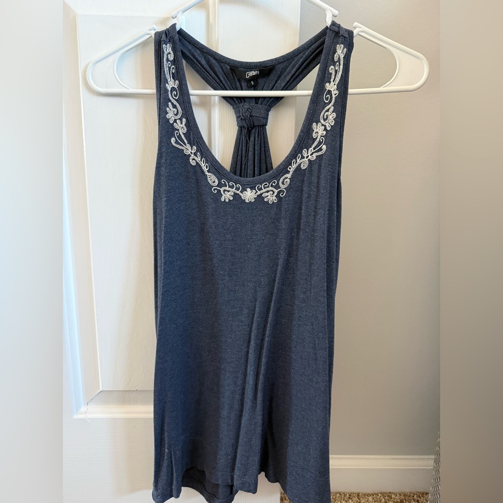 Forever 21 Blue Tank Top with White Embroidery